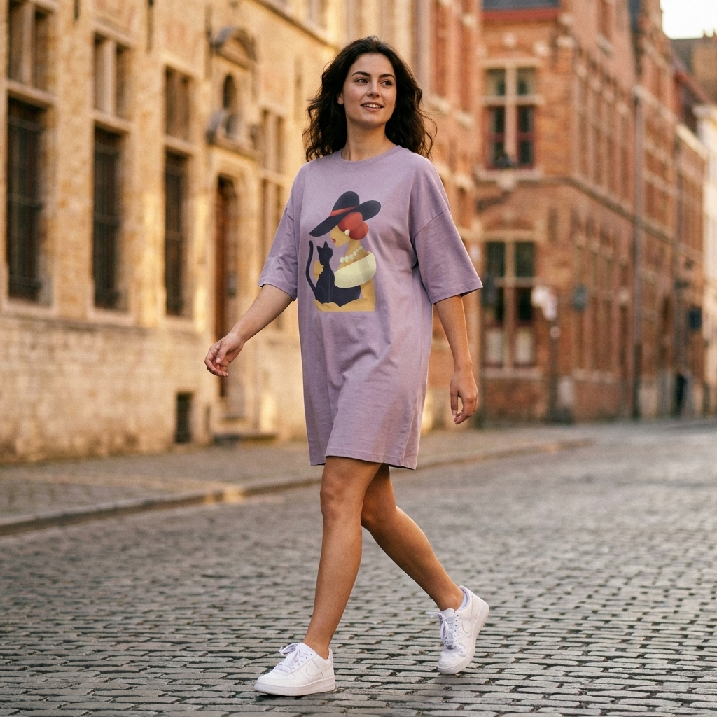 Robe t-shirt oversize Lilas streetwear portée en rue par une femme – CHT'M Boutique