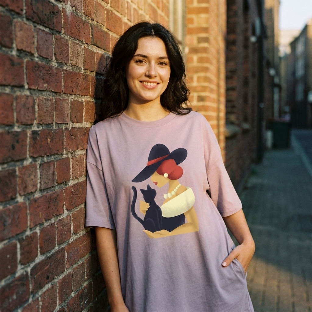 Gros plan robe t-shirt oversize Lilas coton bio en ambiance urbaine – CHT'M Boutique