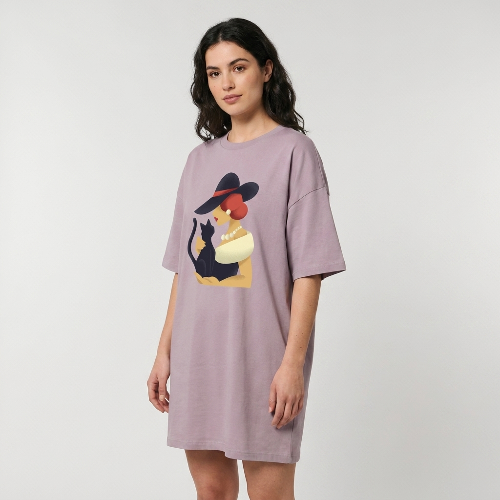 Détail coupe et matière de la robe t-shirt oversize Lilas coton bio CHT'M Boutique