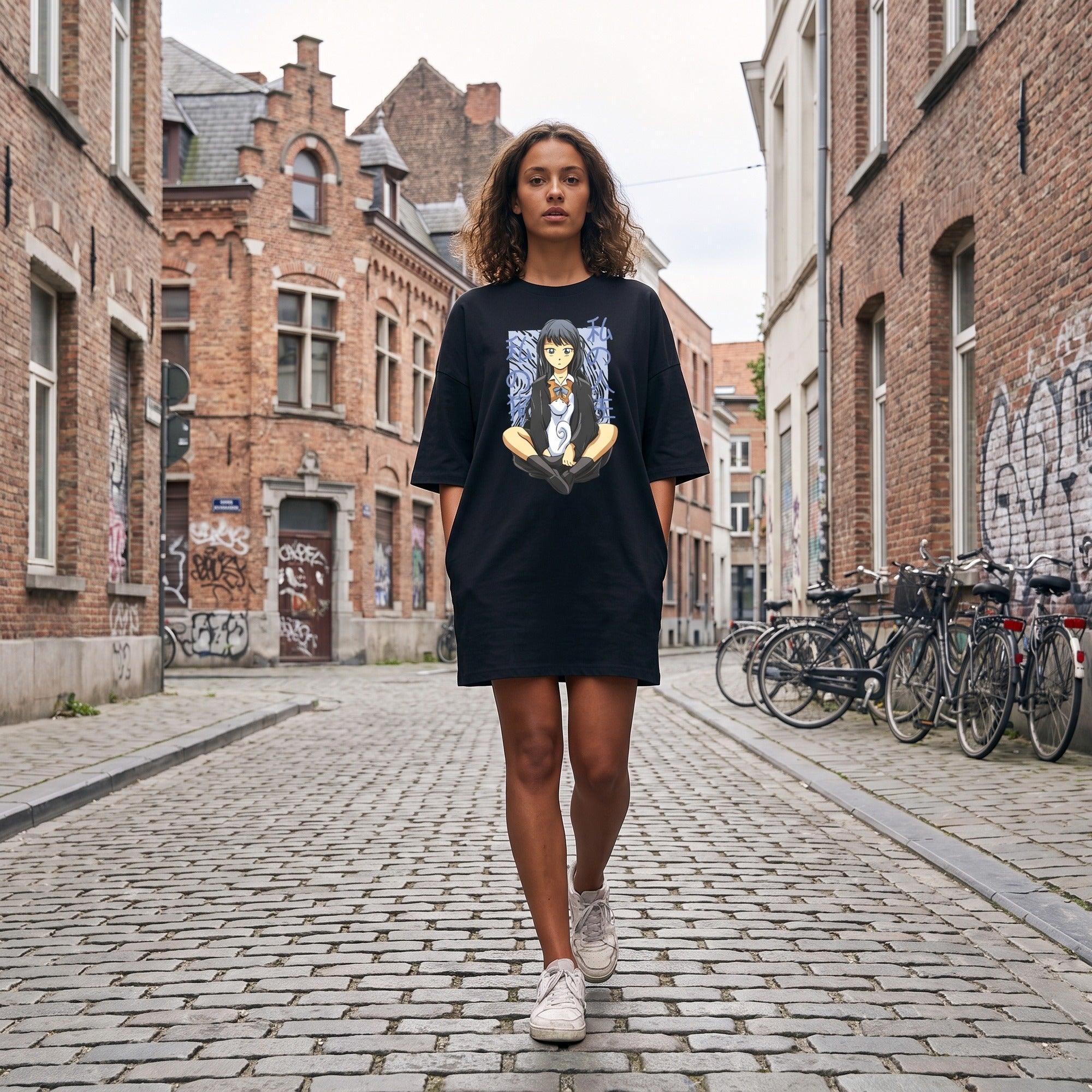Robe t-shirt oversize noire streetwear original – look urbain femme, rue pavée belge