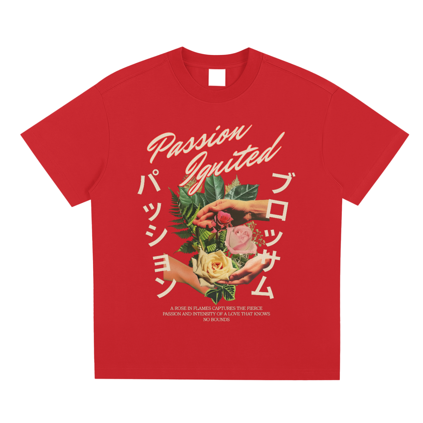 T-shirt femme oversized rouge Rose Passion à plat - collage de roses et script Passion Ignited
