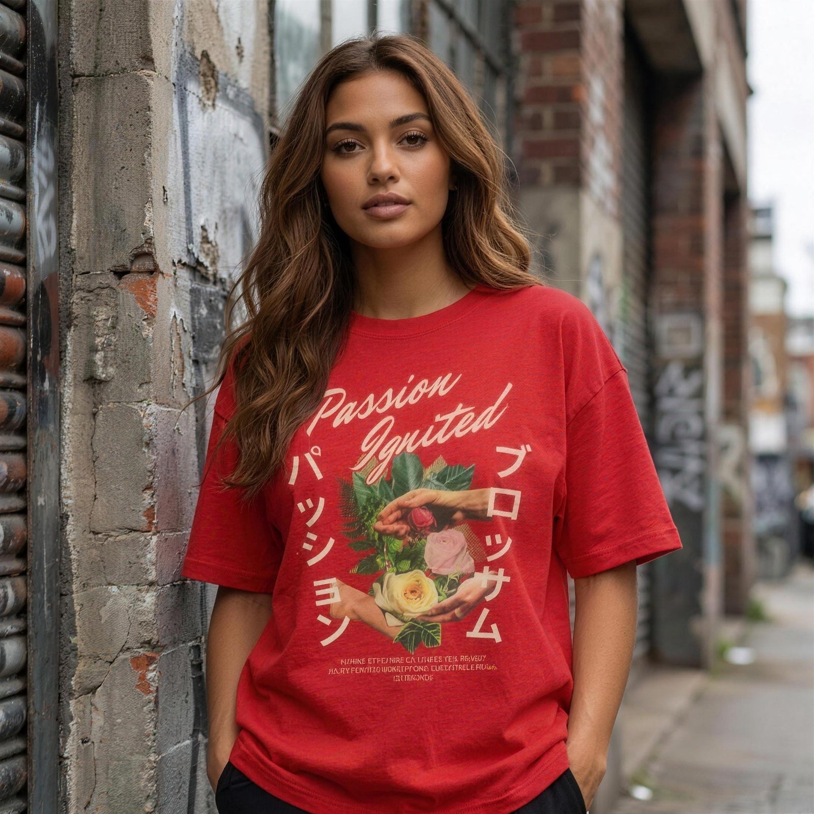 T-shirt femme oversized rouge Rose Passion porté en extérieur urbain - bouquet de roses imprimé