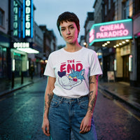 T-shirt cinéphile original THE END COMICS blanc, look streetwear urbain néons
