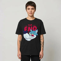 T-shirt original monstre comics THE END porté par une femme, coton bio noir