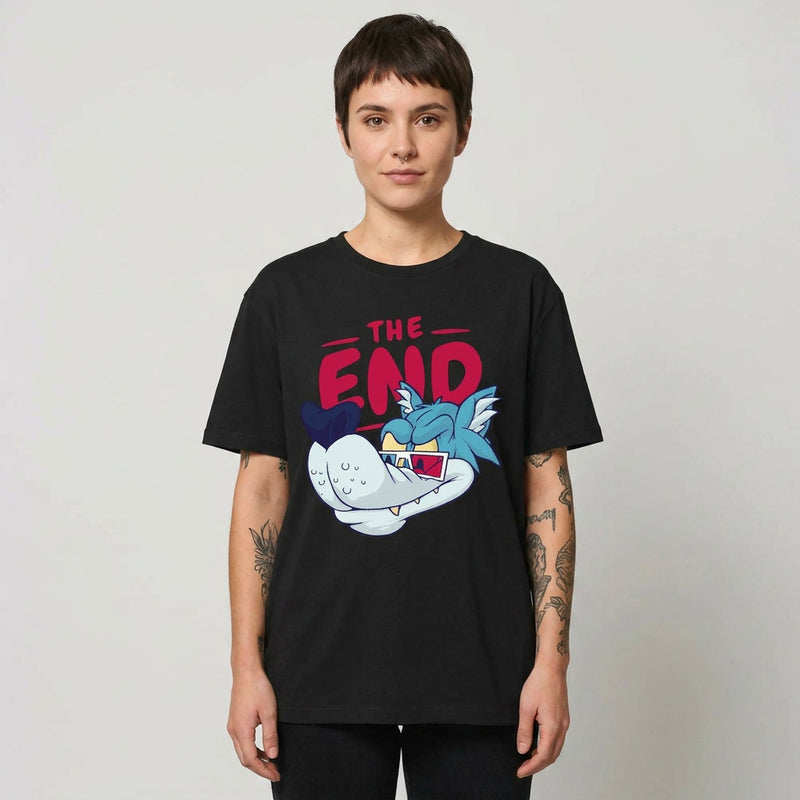 T-shirt geek cinéma original THE END COMICS porté par un homme, monstre en lunettes 3D, coton bio blanc