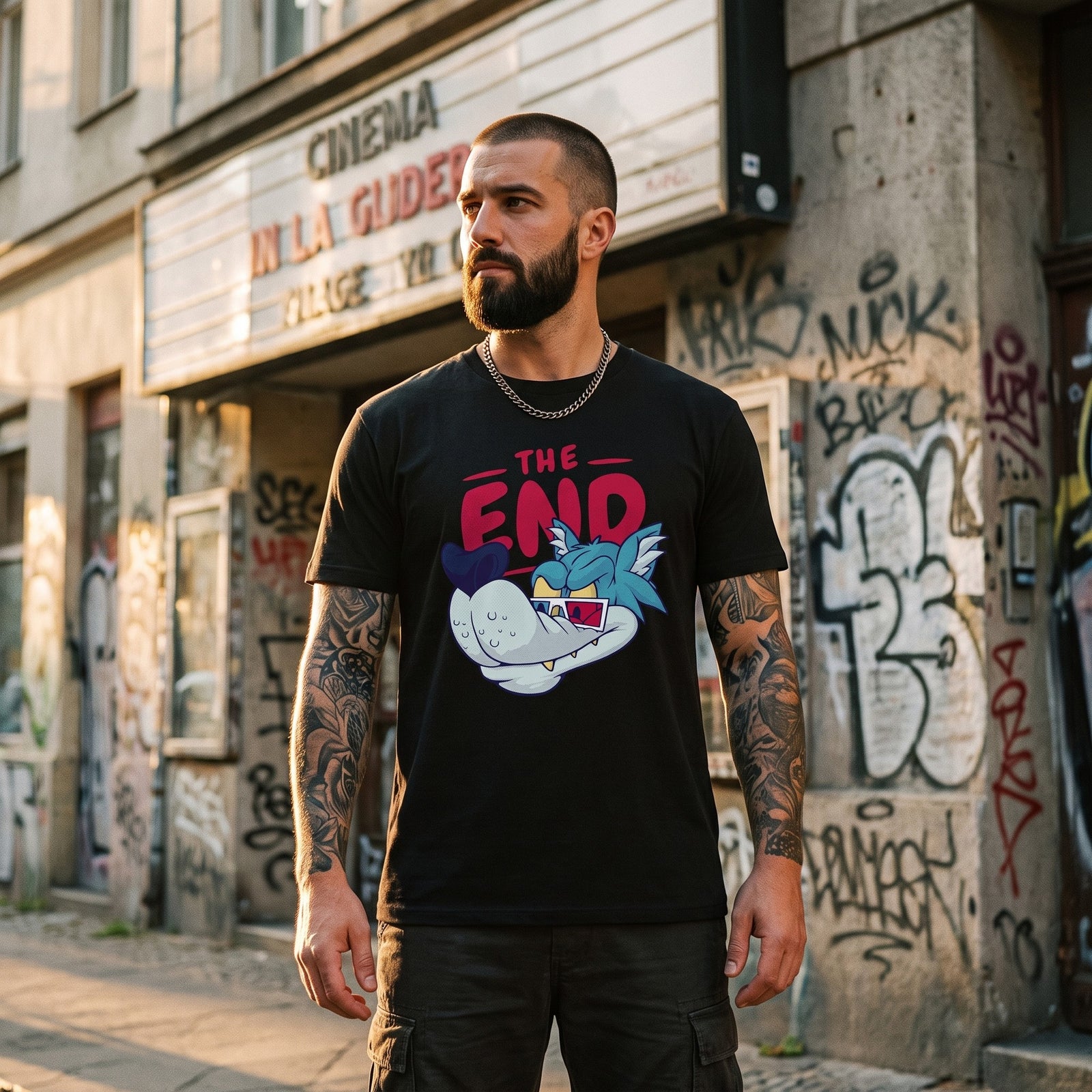 T-shirt streetwear geek cinéma THE END COMICS noir porté en rue devant un cinéma