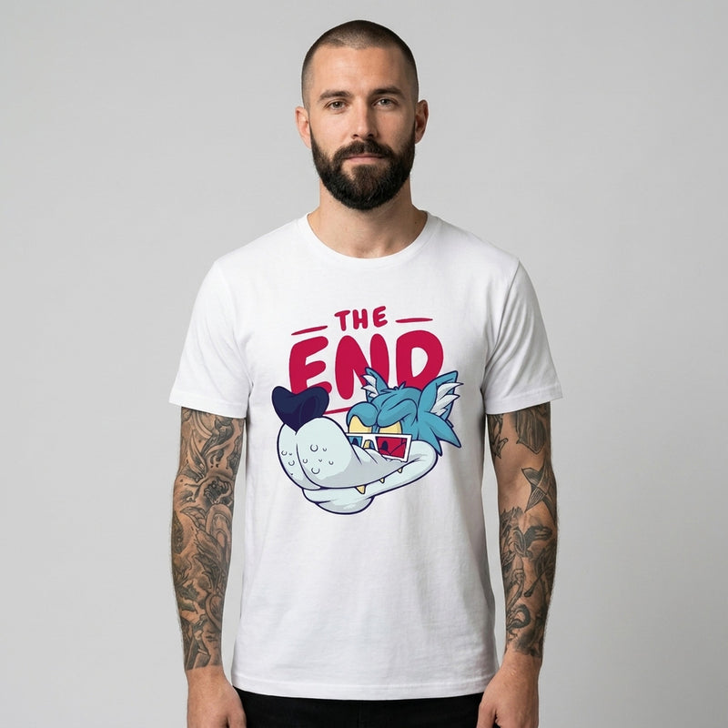 T-shirt geek cinéma original THE END COMICS porté par un homme, monstre en lunettes 3D, coton bio blanc