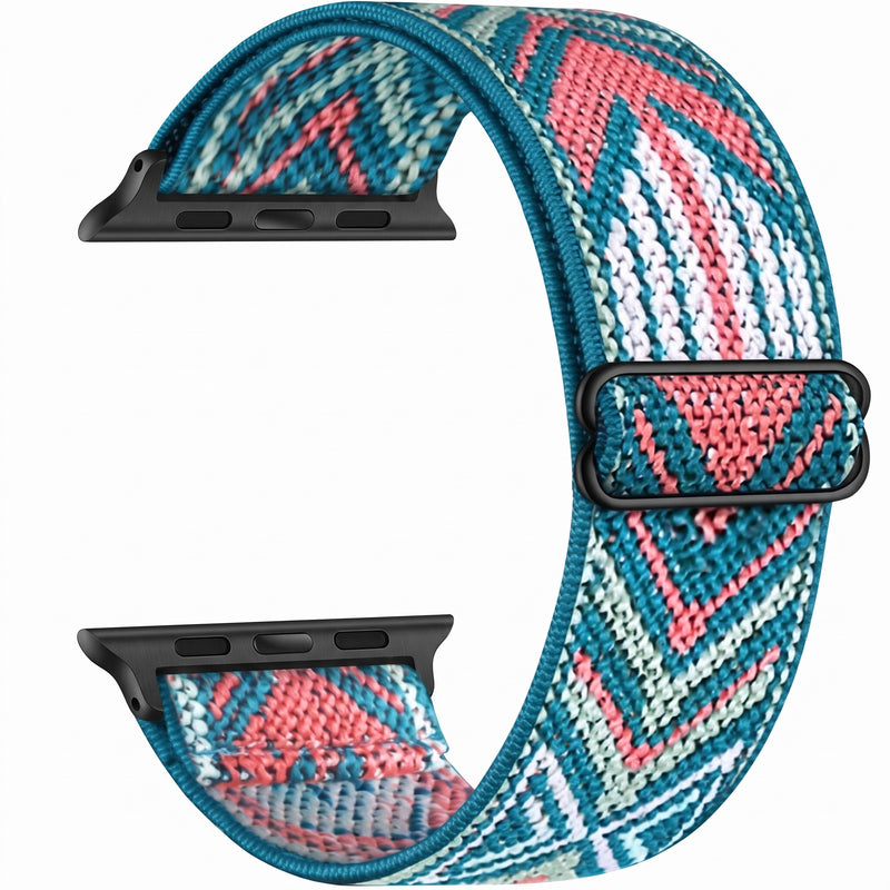 Bracelet Apple Watch boucle solo en nylon imprimé flèches turquoise, photo produit studio sur fond blanc | CHT'M Boutique