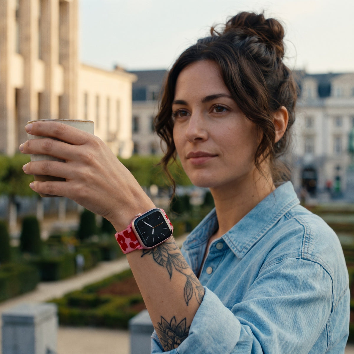 Bracelet Apple Watch boucle solo en nylon imprimé lot de 3 imprimés porté par une femme, look streetwear en Belgique | CHT'M Boutique