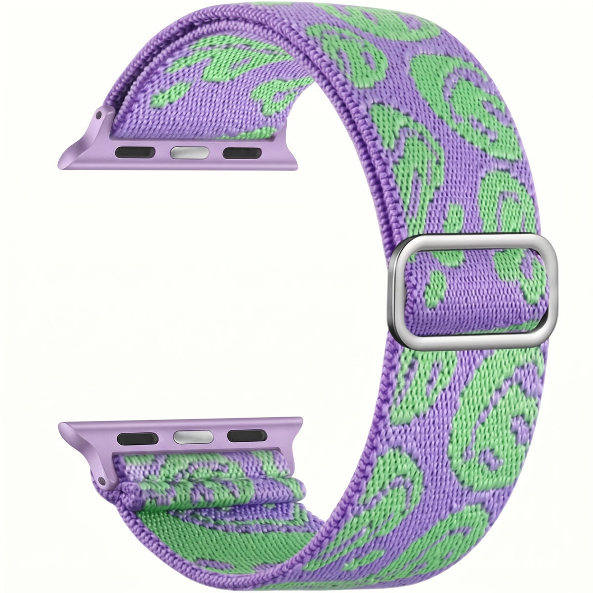 Bracelet Apple Watch boucle solo en nylon imprimé violet motif vert, photo produit studio sur fond blanc | CHT'M Boutique
