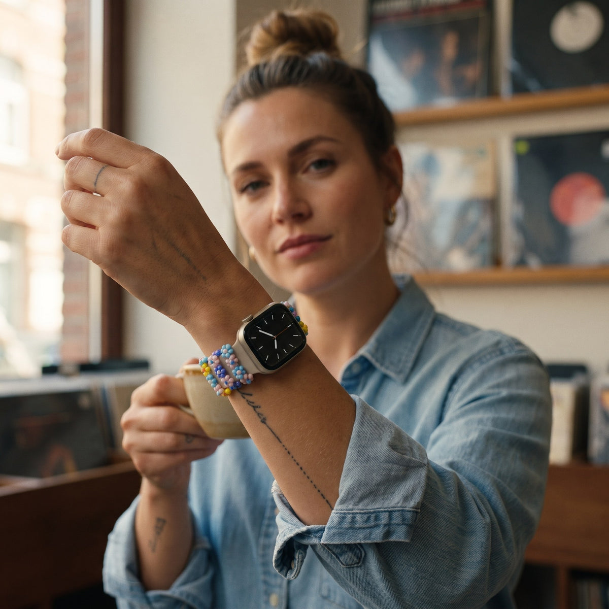 Charms en perles fleurs et smiley pour bracelet Apple Watch modèle 2 fleurs bleues portés par une femme, look streetwear en Belgique | CHT'M Boutique