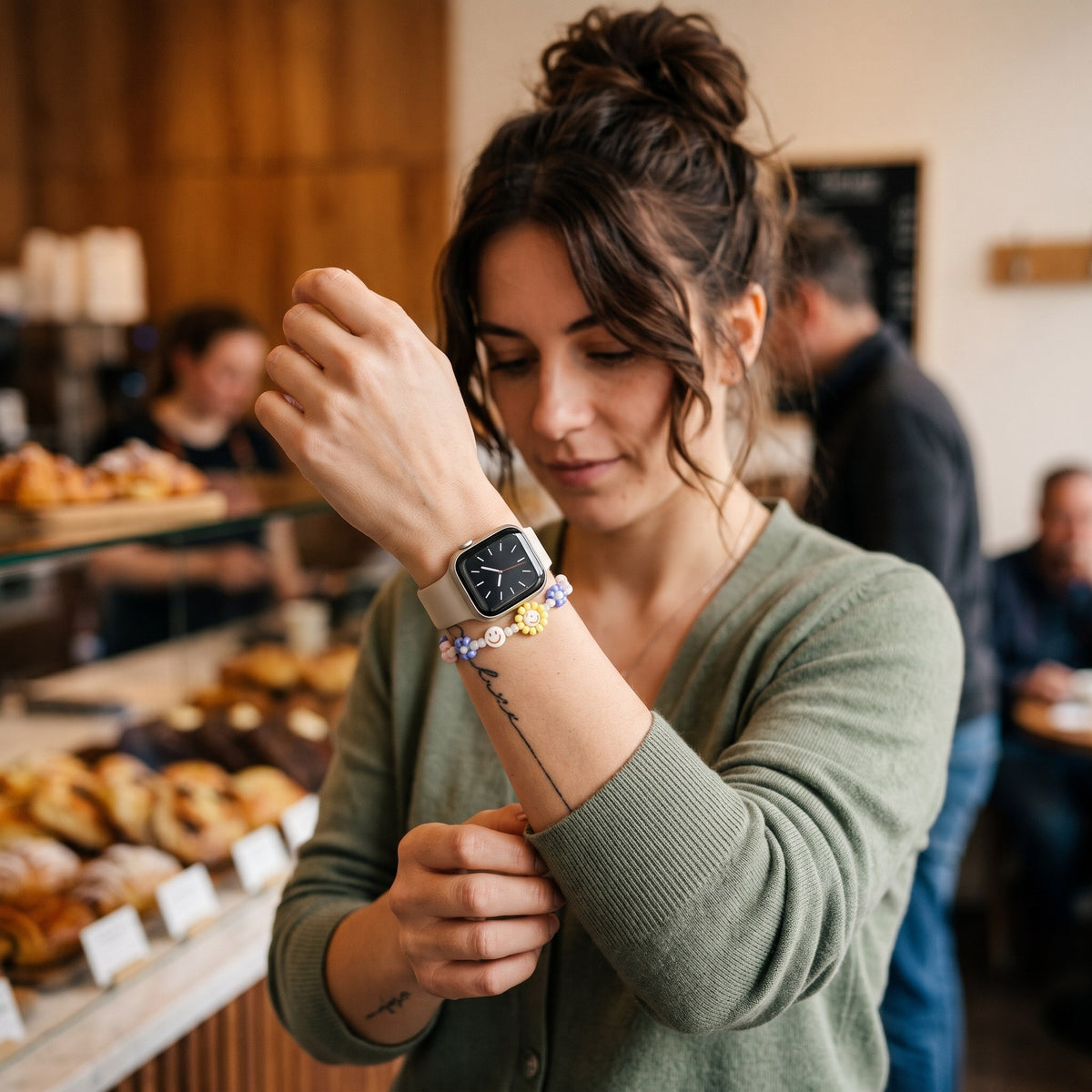 Charms en perles fleurs et smiley pour bracelet Apple Watch modèle 4 smiley pastel portés par une femme, look streetwear en Belgique | CHT'M Boutique