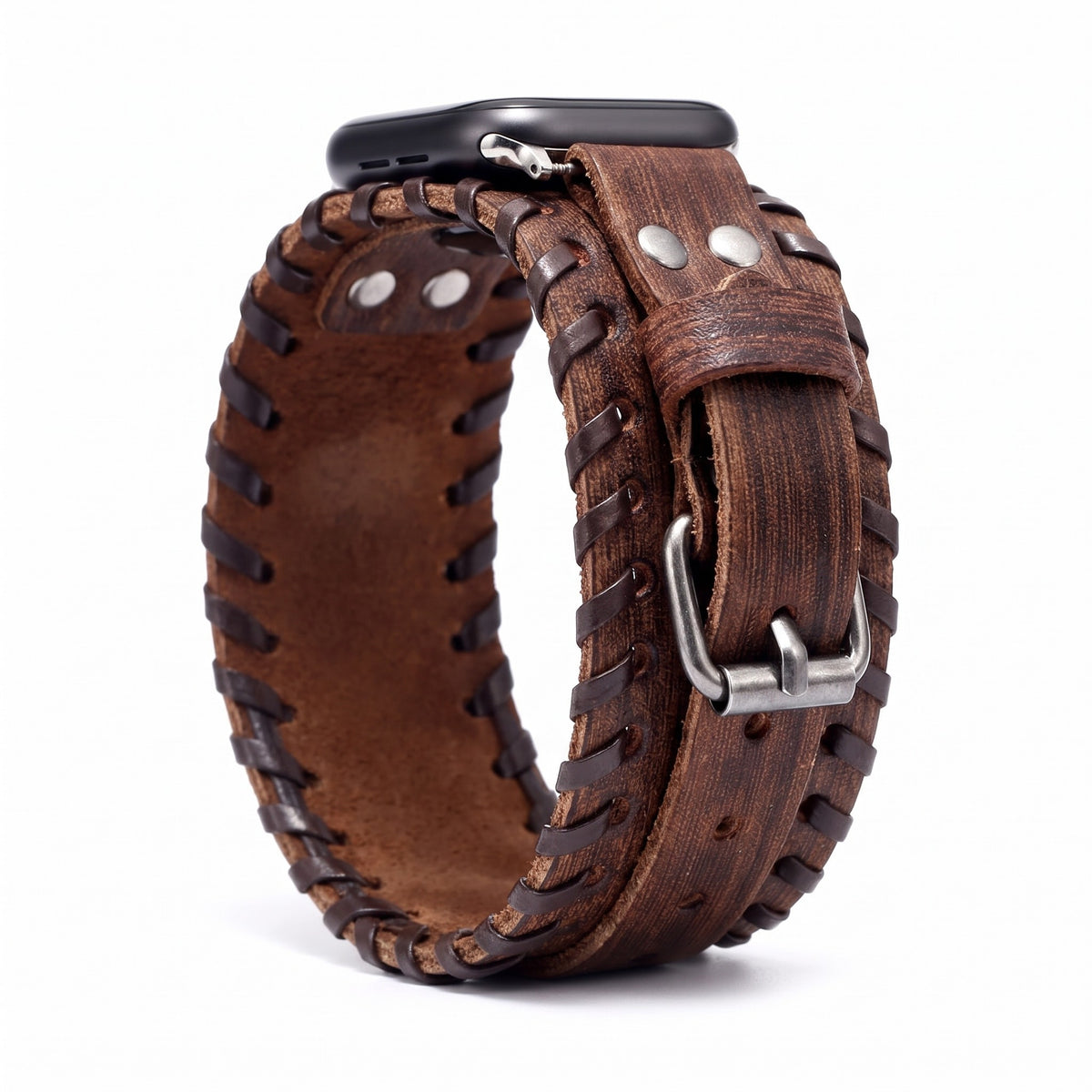 Bracelet Apple Watch manchette en cuir style punk brun vieilli, photo produit studio sur fond blanc | CHT'M Boutique