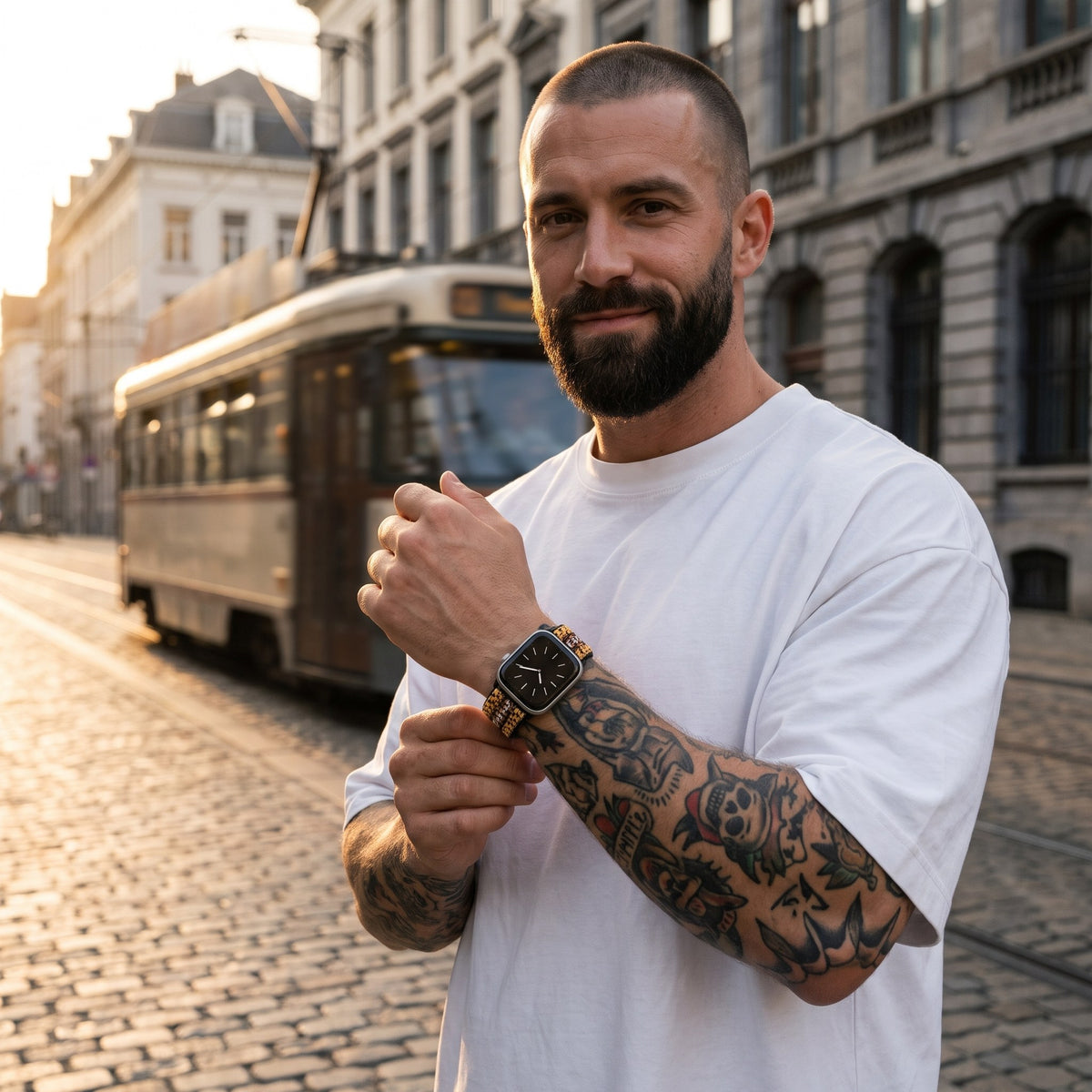 Bracelet Apple Watch élastique tissé à motifs ethnique jaune porté par un homme, look streetwear en Belgique | CHT'M Boutique