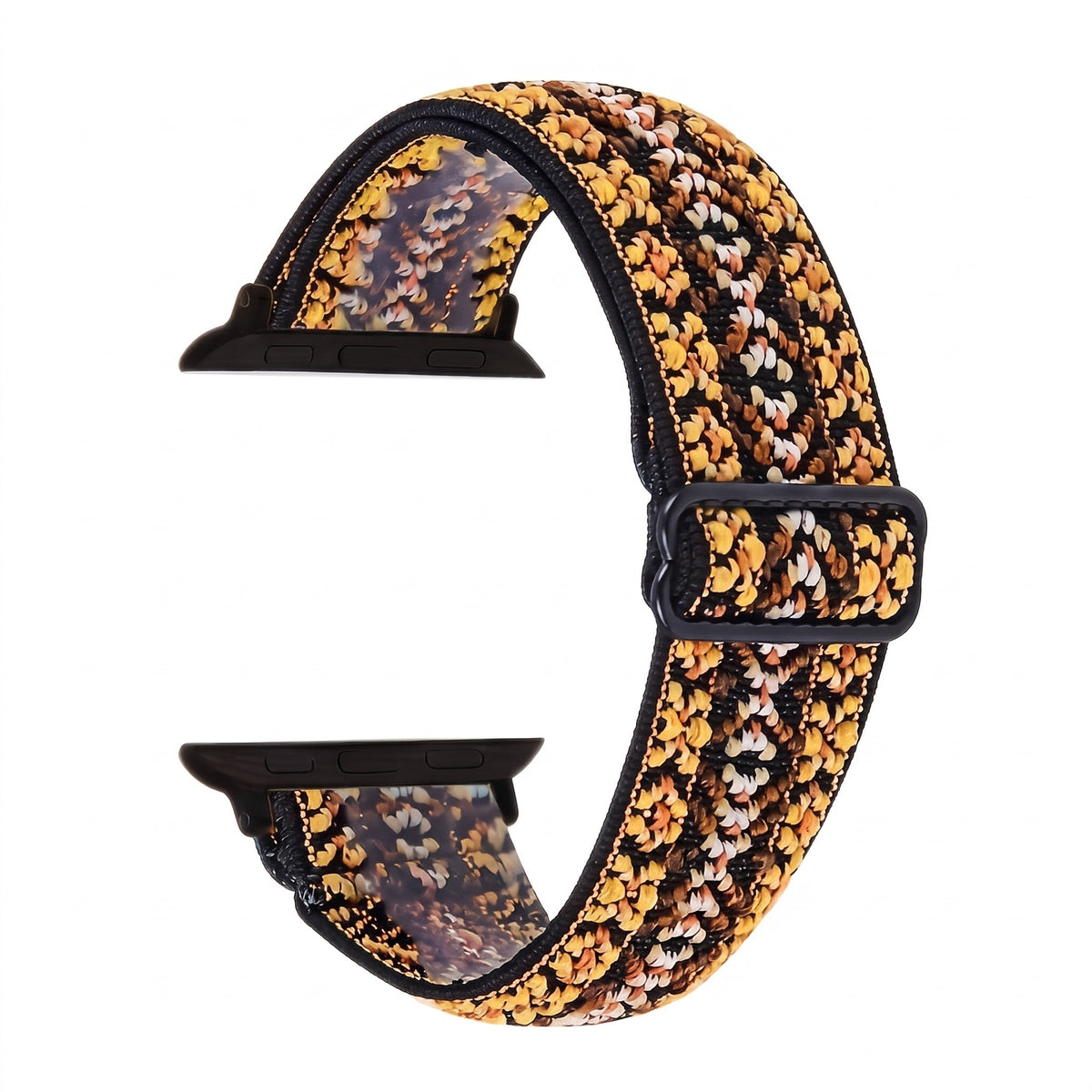 Bracelet Apple Watch élastique tissé à motifs ethnique jaune, photo produit studio sur fond blanc | CHT'M Boutique