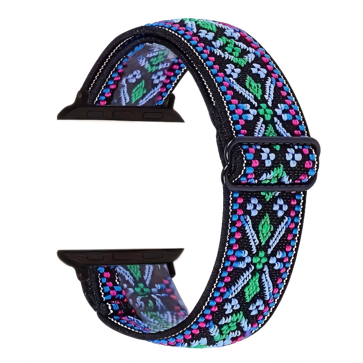 Bracelet Apple Watch élastique tissé à motifs ethnique turquoise, photo produit studio sur fond blanc | CHT'M Boutique