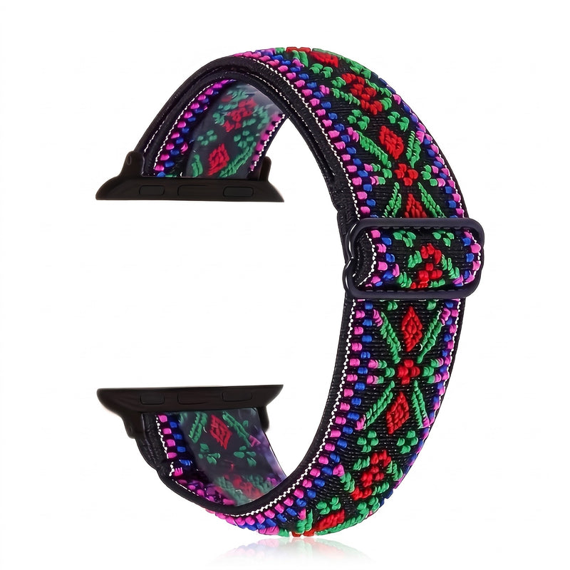 Bracelet Apple Watch élastique tissé à motifs ethnique violet, photo produit studio sur fond blanc | CHT'M Boutique