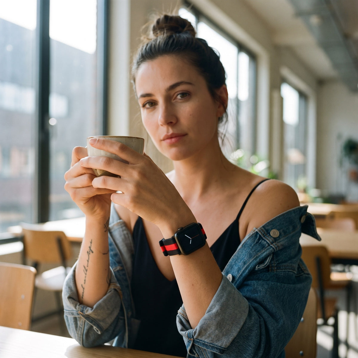 Bracelet Apple Watch élastique tissé à motifs noir et rouge porté par une femme, look streetwear en Belgique | CHT'M Boutique
