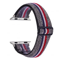 Bracelet Apple Watch élastique tissé à motifs rayures bleu et rouge, photo produit studio sur fond blanc | CHT'M Boutique