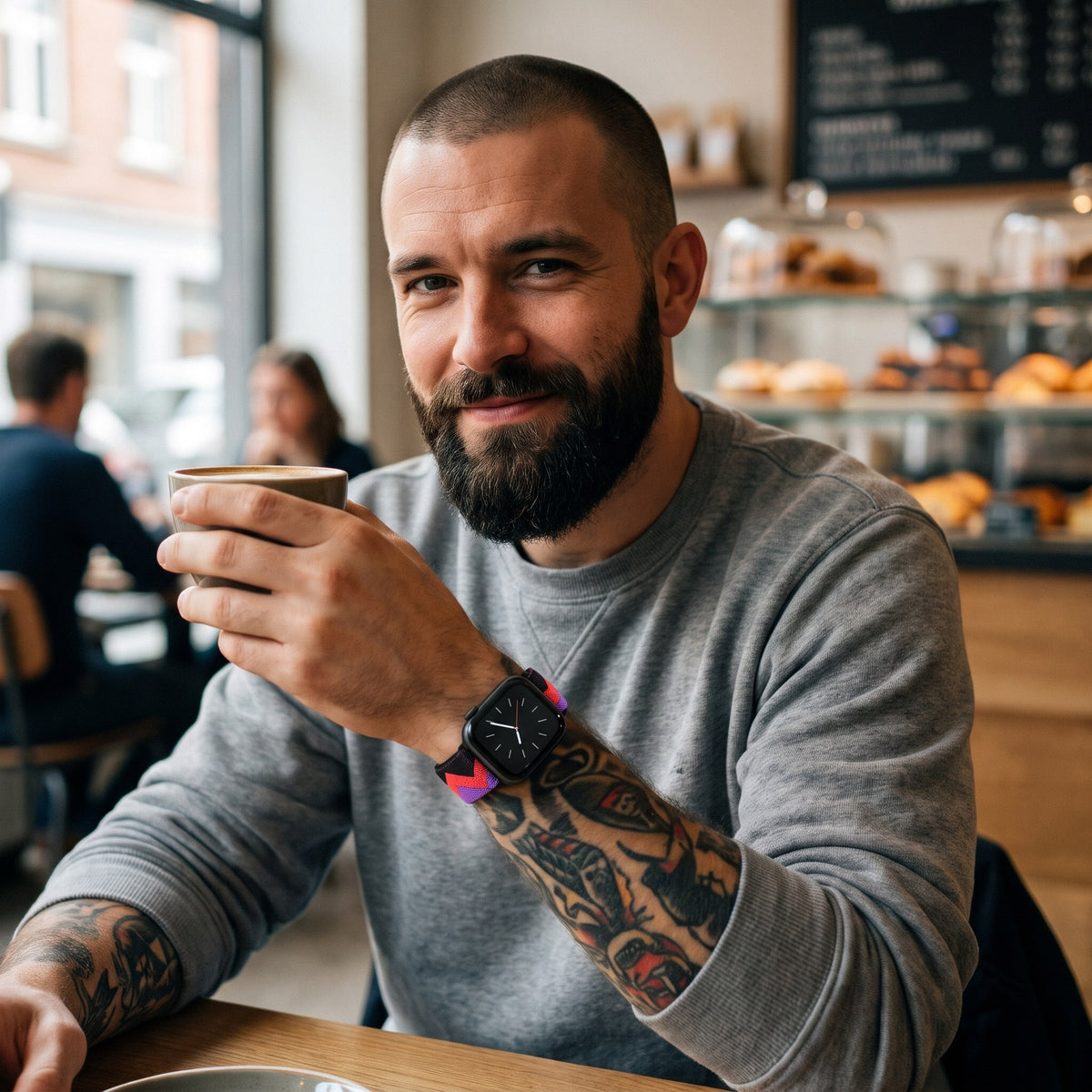 Bracelet Apple Watch élastique tissé à motifs zigzag rouge violet porté par un homme, look streetwear en Belgique | CHT'M Boutique