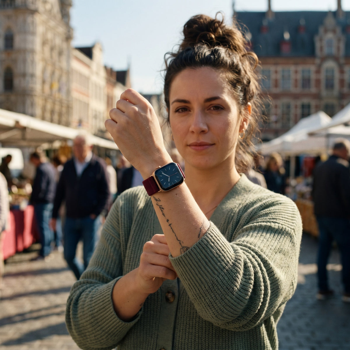 Lot de 8 bracelets Apple Watch élastiques en nylon lot bordeaux et ethnique porté par une femme, look streetwear en Belgique | CHT'M Boutique