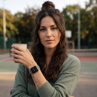 Lot de 8 bracelets Apple Watch élastiques en nylon lot neutres et léopard porté par une femme, look streetwear en Belgique | CHT'M Boutique