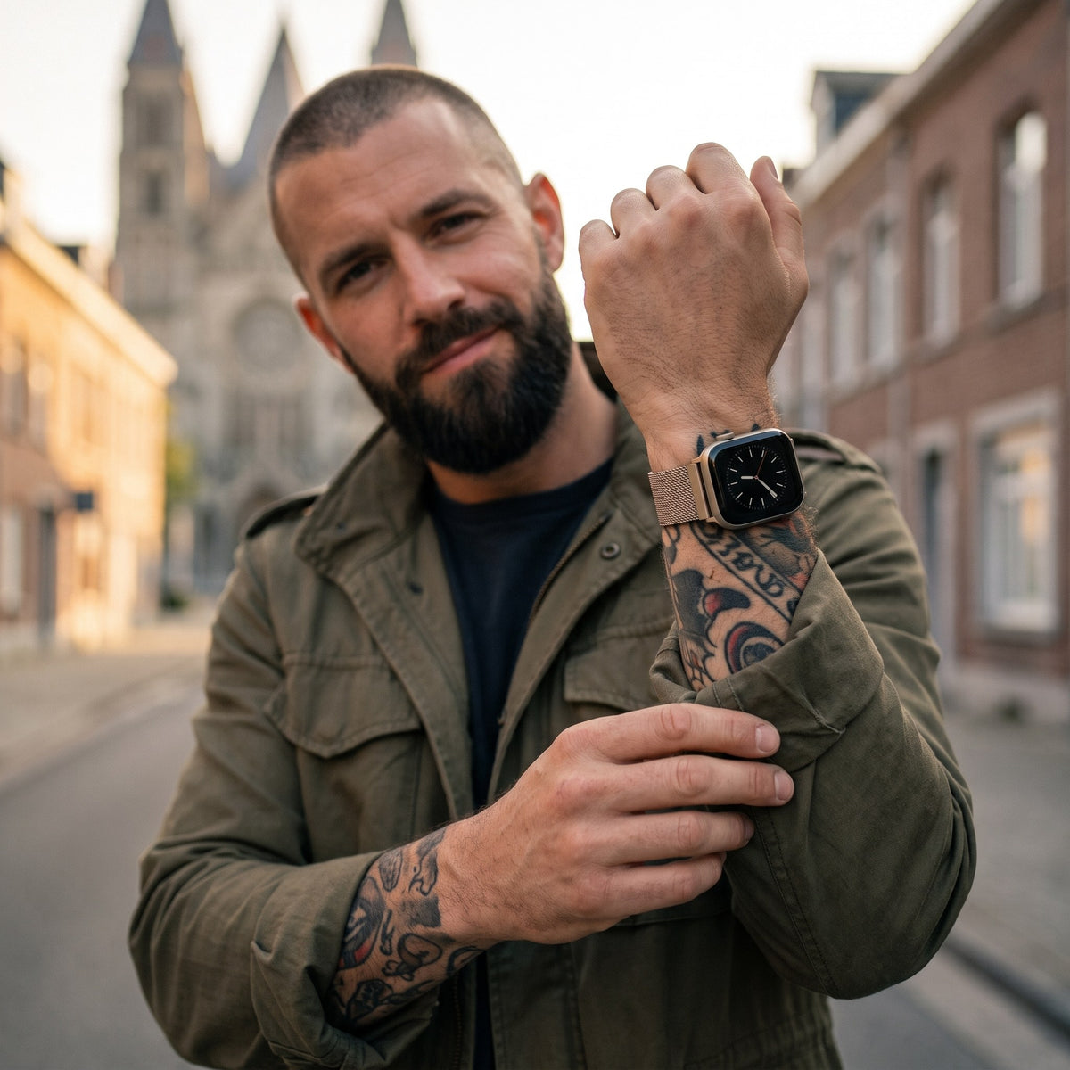 Bracelet Apple Watch milanais magnétique en acier champagne porté par un homme, look streetwear en Belgique | CHT'M Boutique