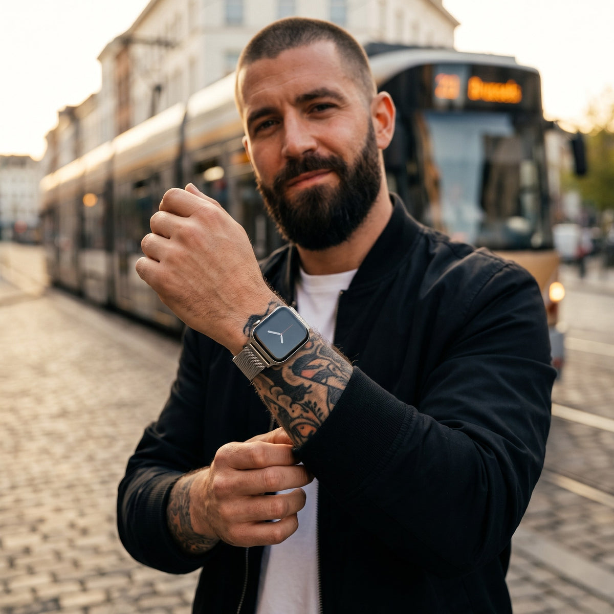 Bracelet Apple Watch milanais magnétique en acier gris argenté porté par un homme, look streetwear en Belgique | CHT'M Boutique
