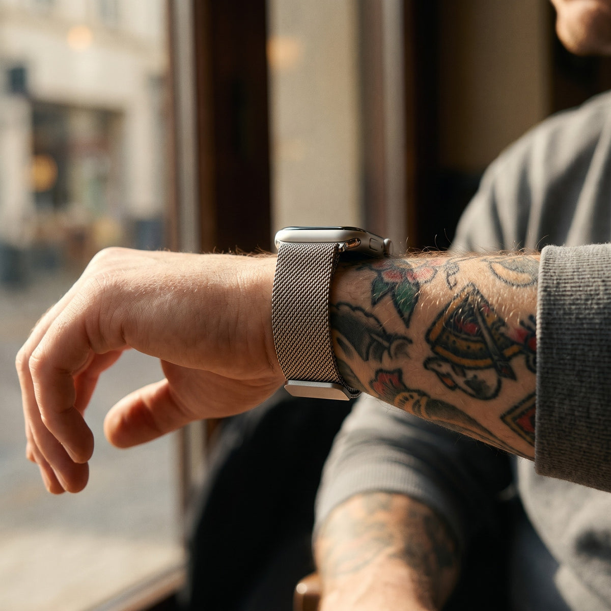 Bracelet Apple Watch milanais magnétique en acier gris argenté porté au poignet, vue de côté | CHT'M Boutique