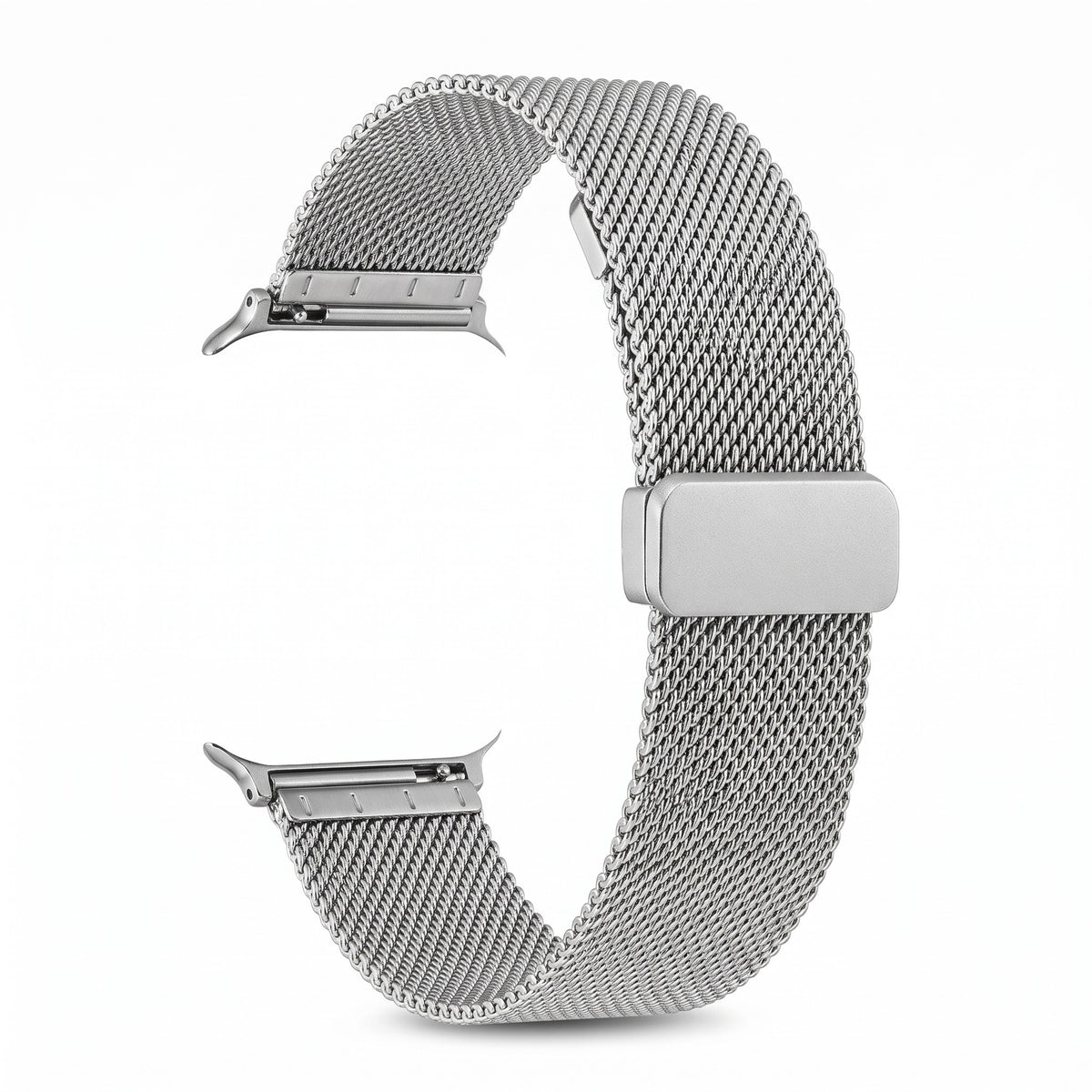 Bracelet Apple Watch milanais magnétique en acier gris argenté, photo produit studio sur fond blanc | CHT'M Boutique
