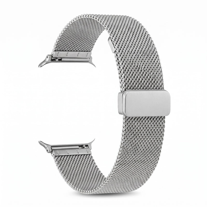 Bracelet Apple Watch milanais magnétique en acier gris argenté, photo produit studio sur fond blanc | CHT'M Boutique