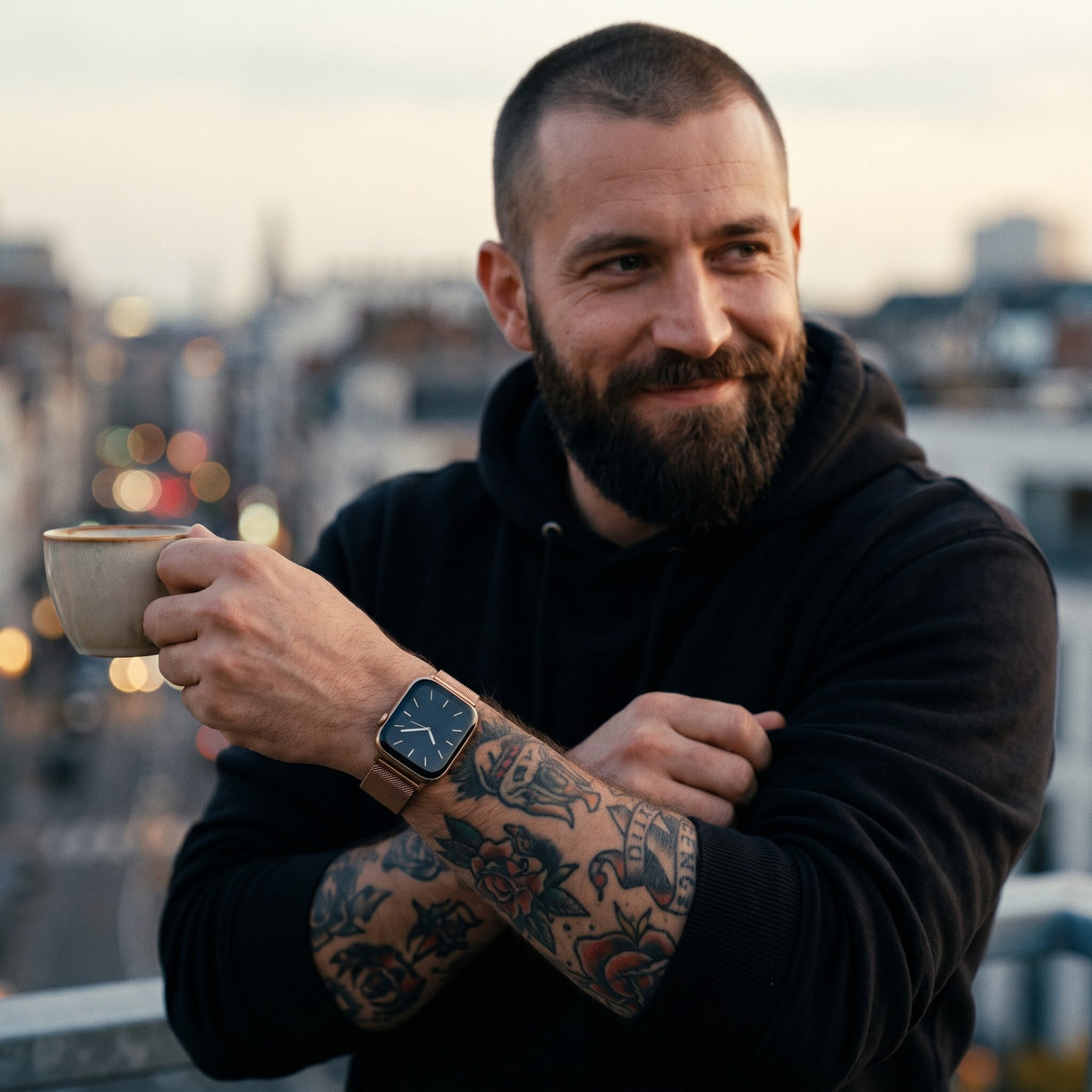 Bracelet Apple Watch milanais magnétique en acier rose doré porté par un homme, look streetwear en Belgique | CHT'M Boutique