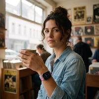Bracelet Apple Watch en nylon motif peinture rose et violet porté par une femme, look streetwear en Belgique | CHT'M Boutique