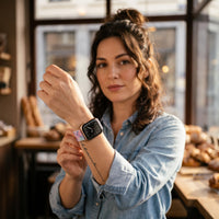Bracelet Apple Watch en nylon motif peinture rose poudré lilas porté par une femme, look streetwear en Belgique | CHT'M Boutique