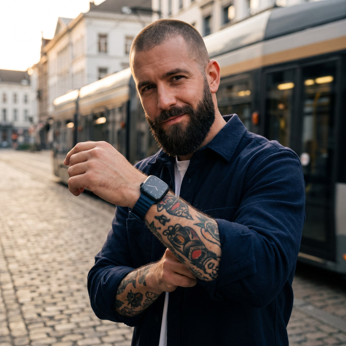 Bracelet Apple Watch sport en silicone bleu marine porté par un homme, look streetwear en Belgique | CHT'M Boutique