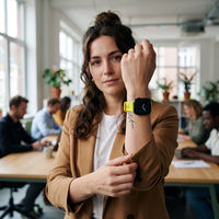 Bracelet Apple Watch sport en silicone jaune et jaune fluo porté par une femme, look streetwear en Belgique | CHT'M Boutique