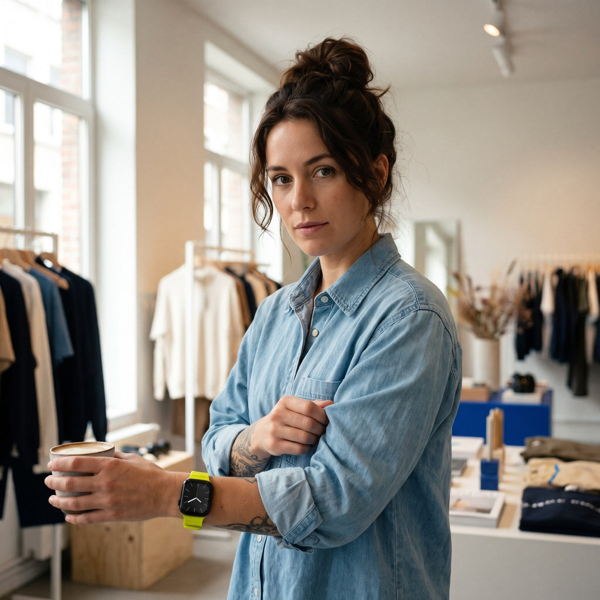 Bracelet Apple Watch sport en silicone jaune fluo porté par une femme, look streetwear en Belgique | CHT'M Boutique