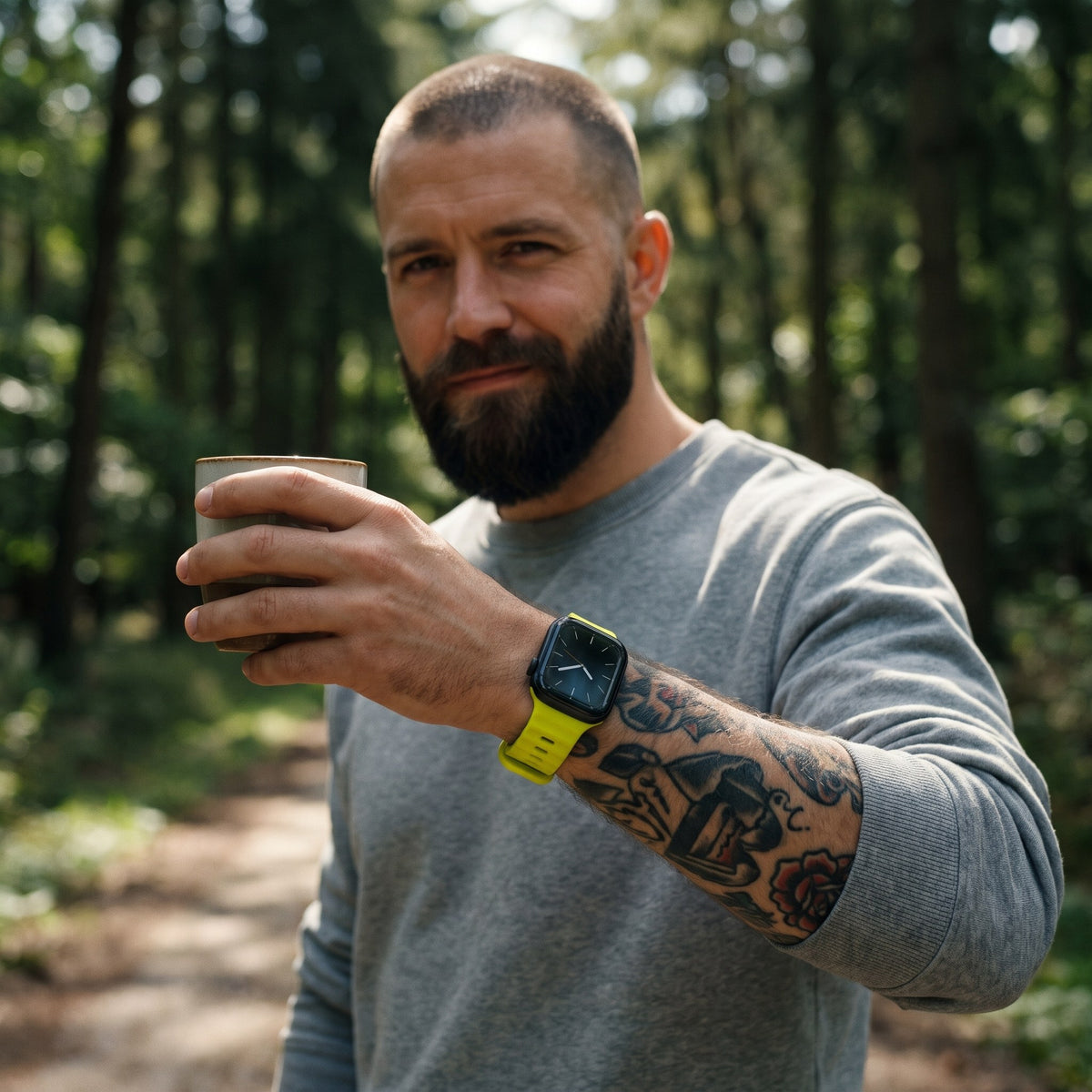 Bracelet Apple Watch sport en silicone jaune fluo porté par un homme, look streetwear en Belgique | CHT'M Boutique