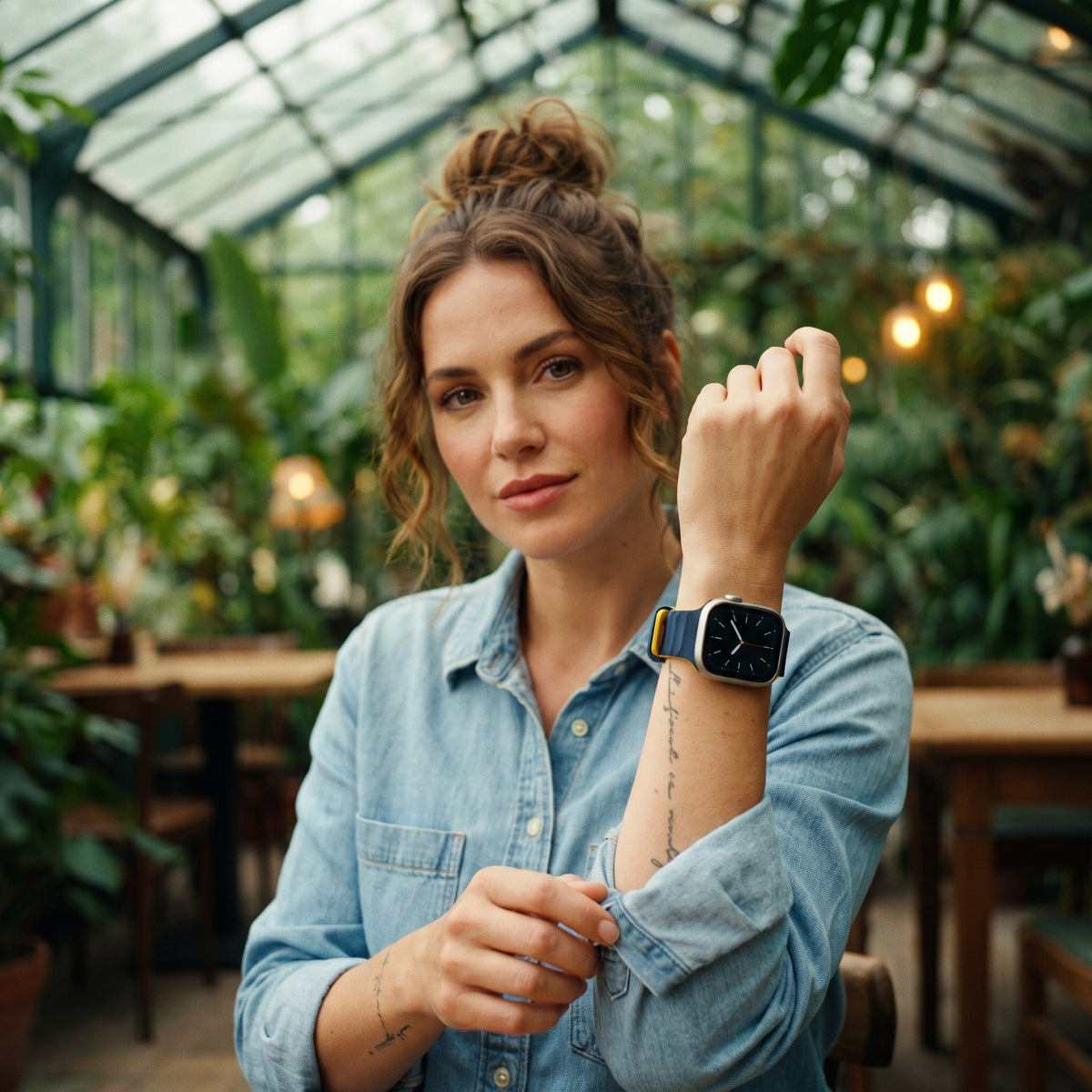 Bracelet Apple Watch sport en silicone marine et jaune porté par une femme, look streetwear en Belgique | CHT'M Boutique