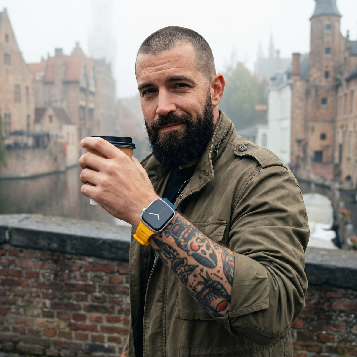 Bracelet Apple Watch sport en silicone marine et jaune porté par un homme, look streetwear en Belgique | CHT'M Boutique