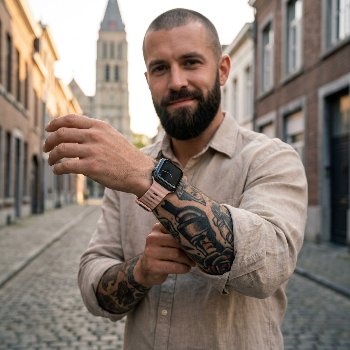 Bracelet Apple Watch sport en silicone rose poudré porté par un homme, look streetwear en Belgique | CHT'M Boutique