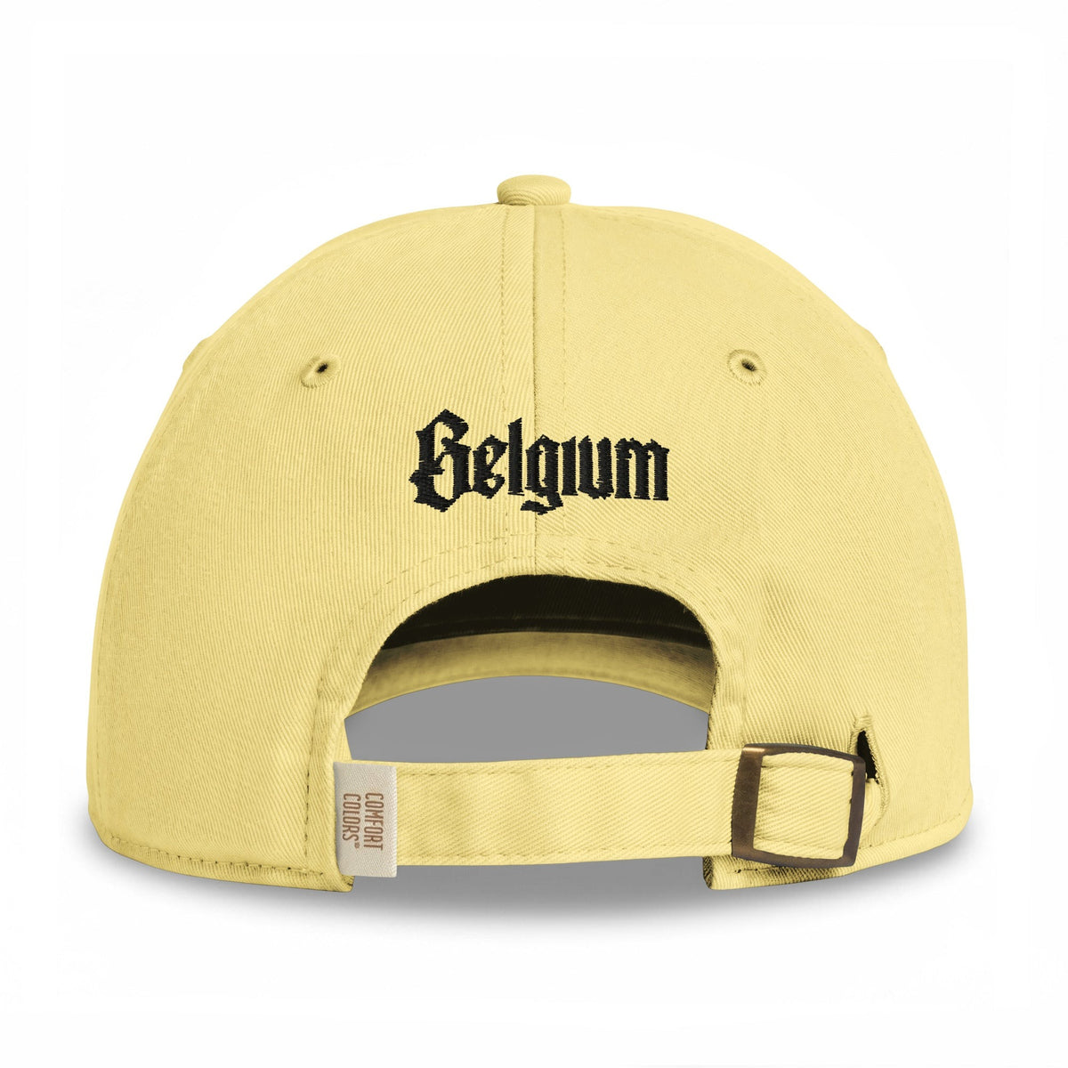 Casquette belge dad cap jaune beurre, broderie Belgium gothique au dos