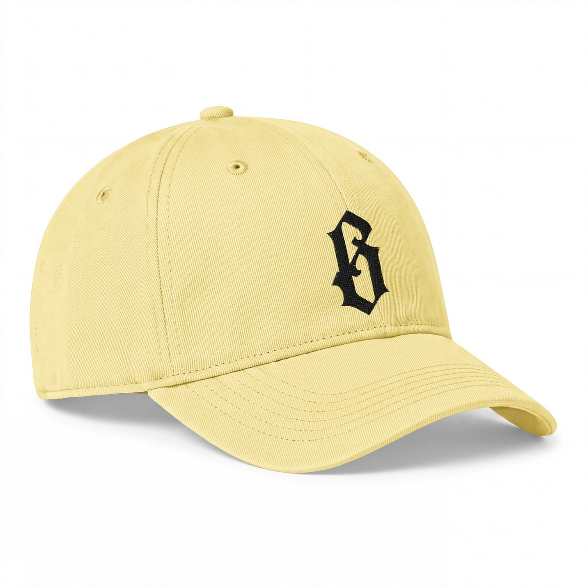 Dad cap belge délavée jaune beurre, vue de trois-quarts