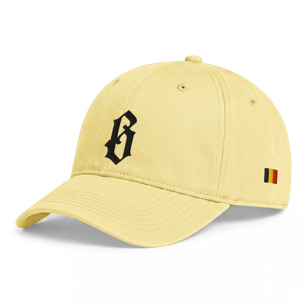 Casquette belge jaune beurre, profil avec drapeau belge brodé sur le côté