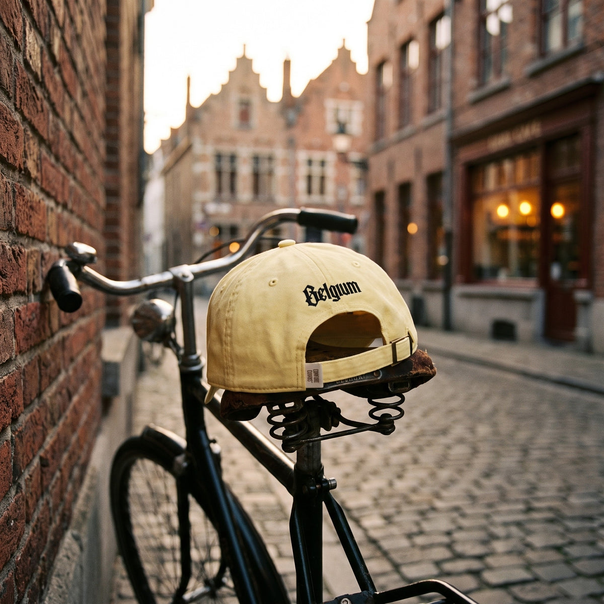 Casquette belge jaune beurre brodée Belgium au dos, posée sur la selle d'un vélo vintage dans une rue pavée de Bruxelles