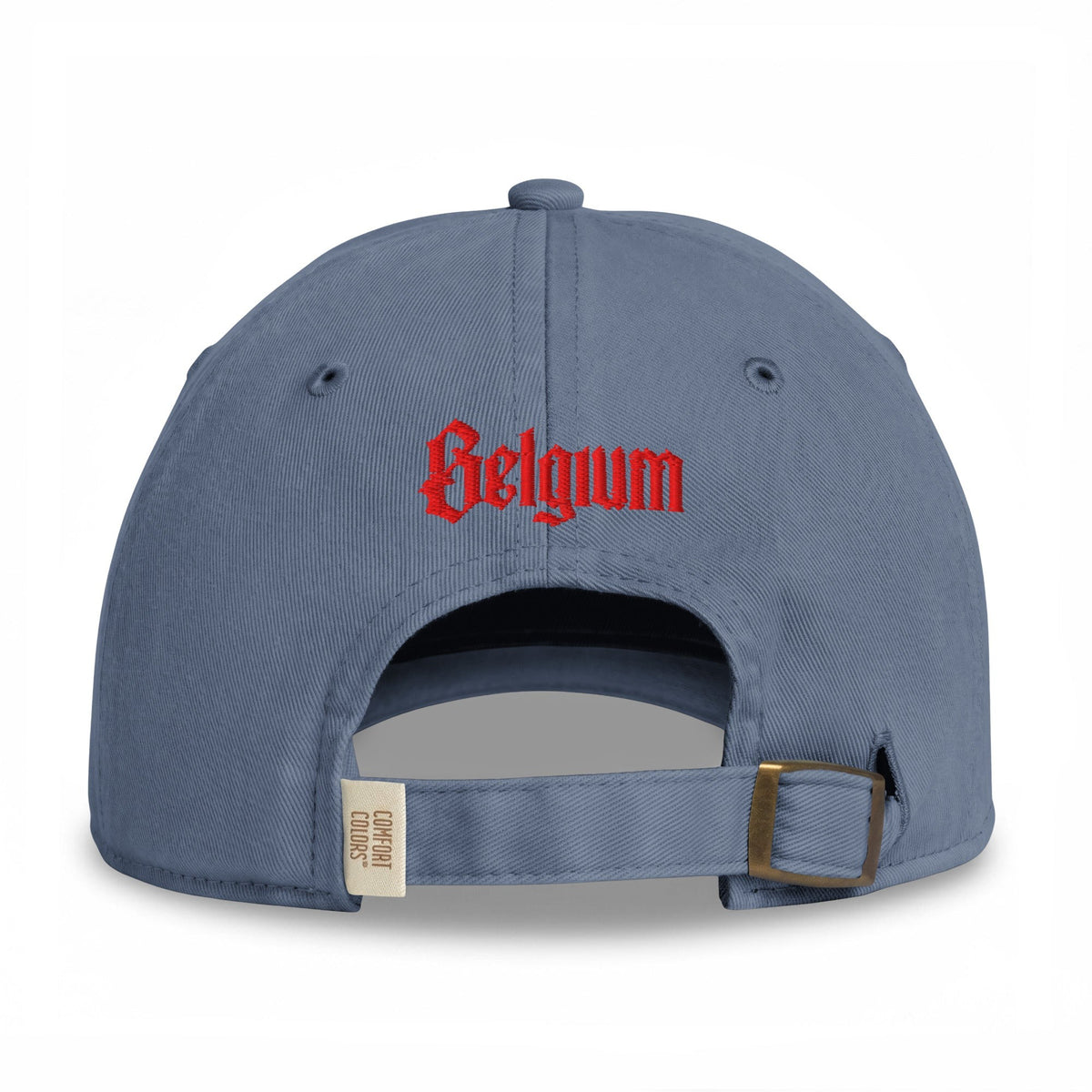 Casquette belge originale brodée B gothique rouge, coloris bleu jean, broderie Belgium rouge au dos