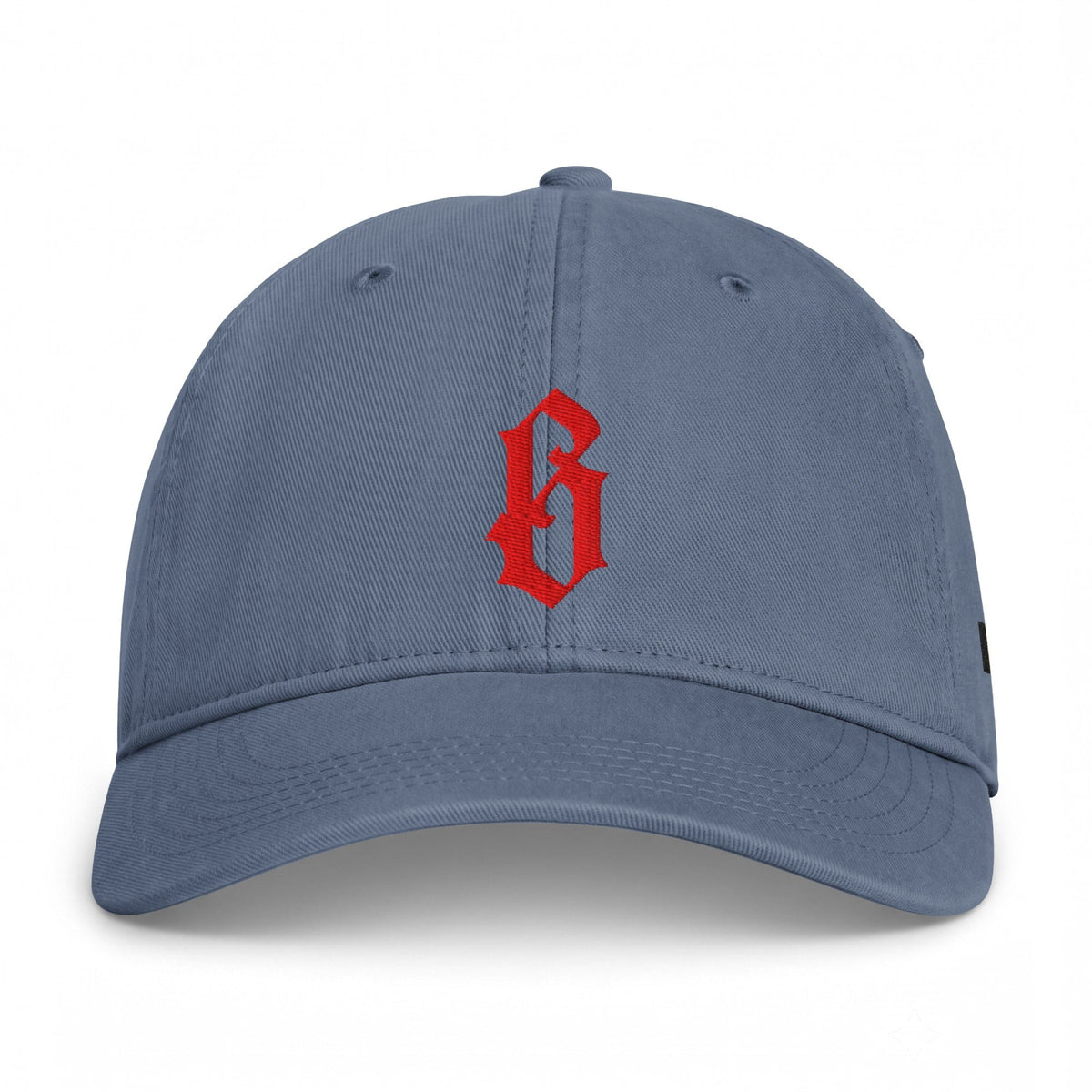 Casquette belge originale brodée B gothique rouge, coloris bleu jean, vue de face