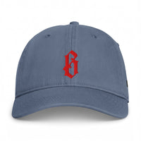 Casquette belge originale brodée B gothique rouge, coloris bleu jean, vue de face