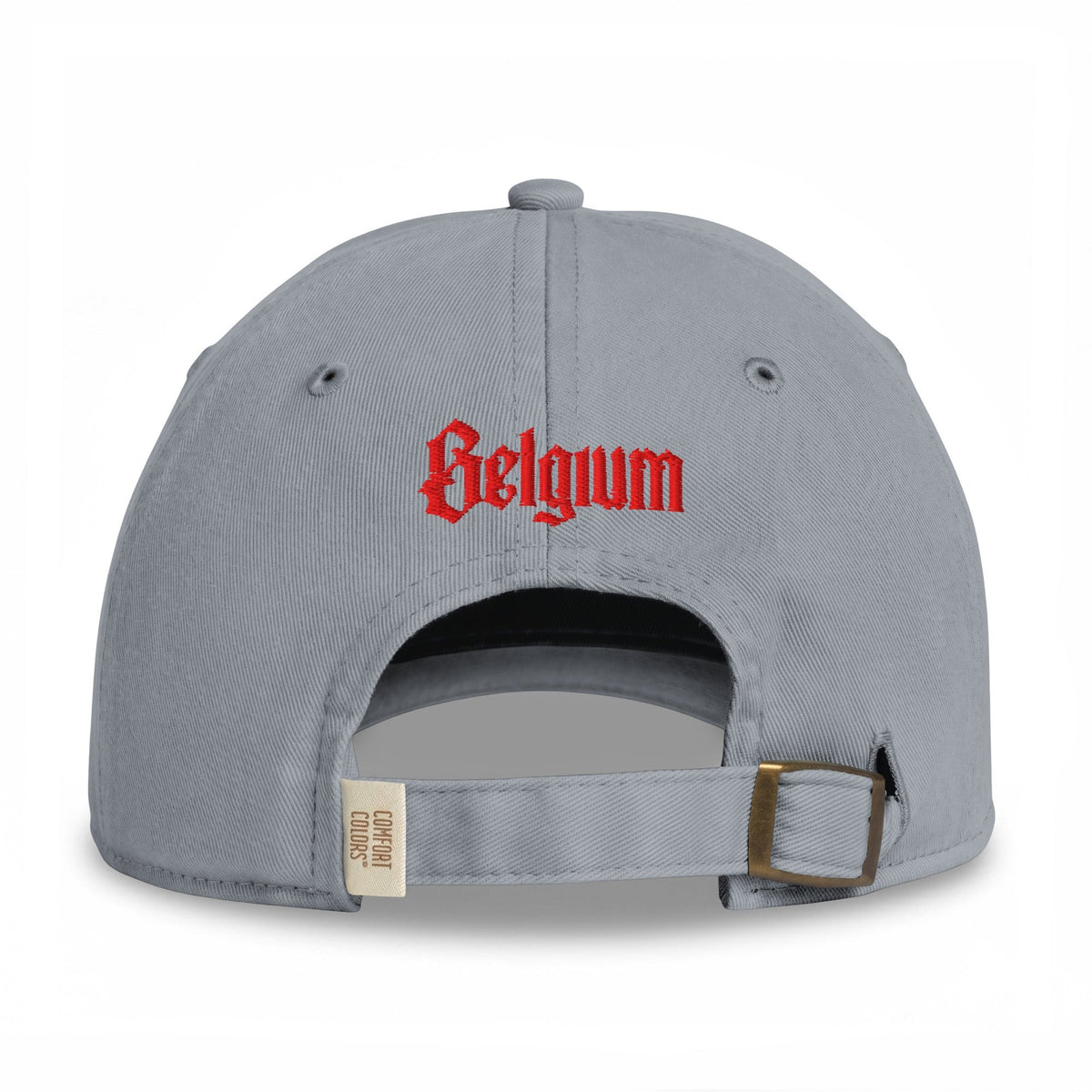 Casquette belge originale brodée B gothique rouge, coloris gris granit, broderie Belgium rouge au dos
