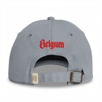 Casquette belge originale brodée B gothique rouge, coloris gris granit, broderie Belgium rouge au dos